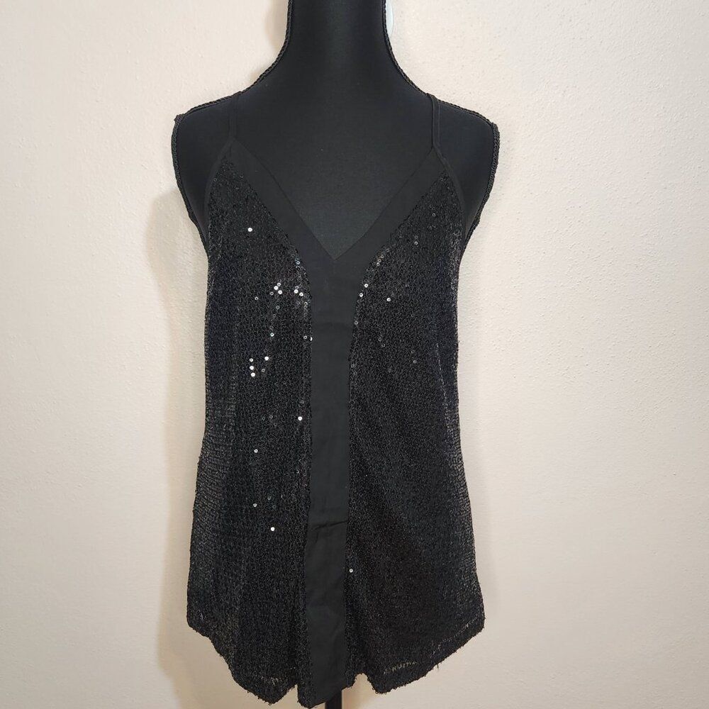 ❤️Sequin Tback Cami Womens Small Black Sequin Vneck Party Night Sparkle❤️ - Picture 5 of 12
